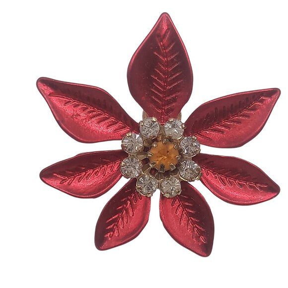 Poinsettia Earrings Red Enamel Rhinestones Gold Tone Pierced Ear Backing Earring - Picture 4 of 7